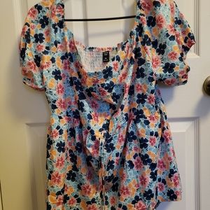 Shein plus floral drawstring front peplum blouse
